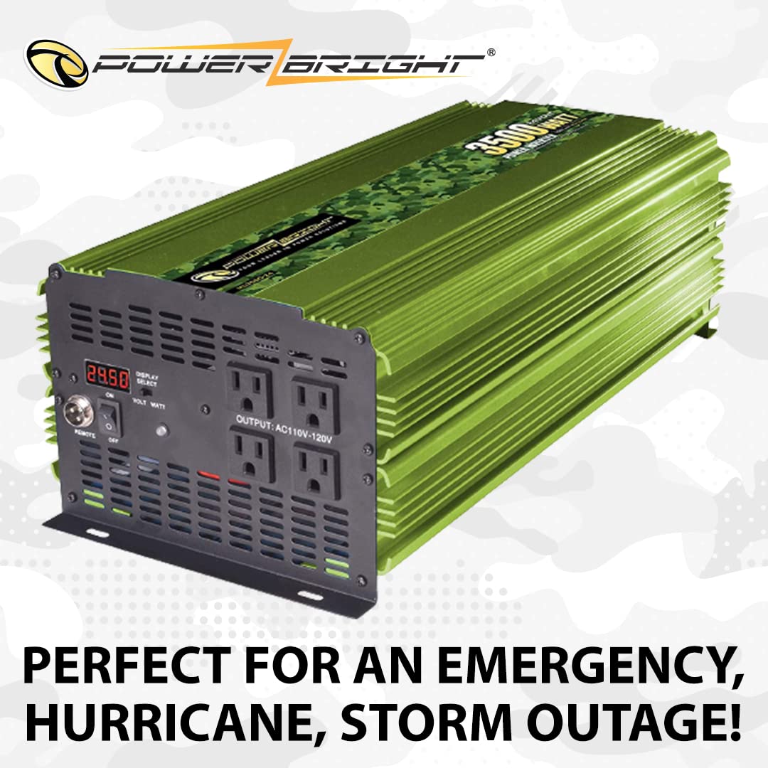Power Bright Inversor de energía de 3500 vatios y 24 V, cuatro tomacorrientes de CA de 110 V, onda sinusoidal modificada, fuente de alimentación de respaldo automotriz perfecta para emergencias, huracanes, tormentas o interrupciones - ML3500-24