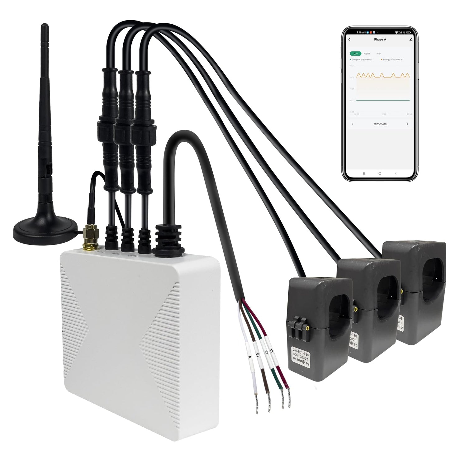 Monitor de energía WiFi OWON 500A, pinza amperimétrica trifásica con monitoreo de potencia, voltaje y corriente en tiempo real, medición del factor de potencia, integración de la aplicación Smart Life, adecuado para electrodomésticos de alta potencia