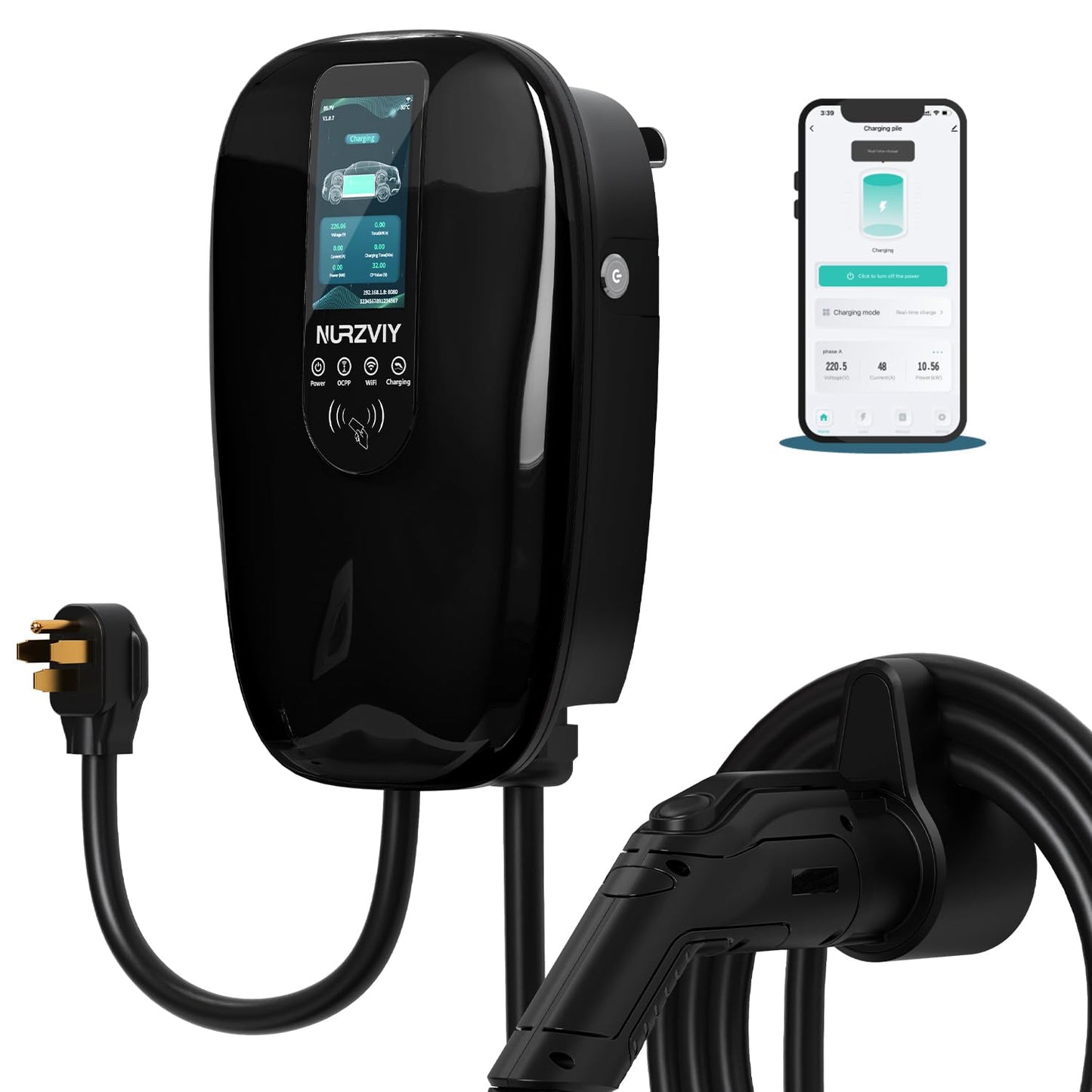 Cargador EV de nivel 2 para el hogar, estación de carga de vehículo eléctrico enchufable de 40 amperios con control de aplicación, NEMA 14-50 EVSE, Smart Plug and Play