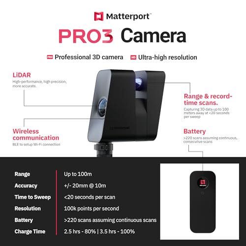 Matterport Pro3 - Cámara digital con escáner 3D Lidar más rápido para crear experiencias profesionales de recorrido virtual 3D con 360 vistas y fotografía 4K espacios interiores y exteriores 858209007579