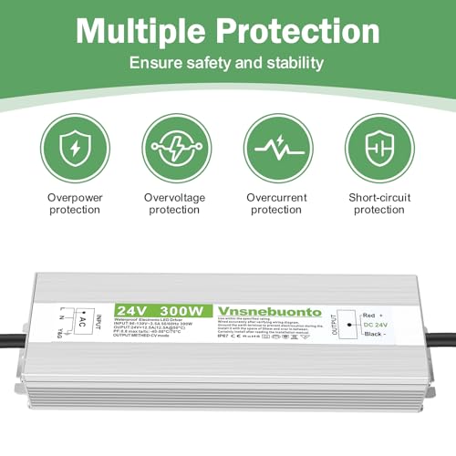 Fuente de alimentación de 24 V 300 W, 90-130 V CA a 24 V CC 12.5 A, controlador LED impermeable IP67, transformador de bajo voltaje de 24 voltios, adaptador con enchufe de 3 clavijas para luz LED, uso