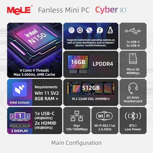 MeLE Mini PC Cyber X1 - N150 PC sin ventilador, 16 GB de RAM, 512 GB de almacenamiento, 2.4/5G Wi-Fi, mini computadoras USB-C completamente funcionales, escritorio de pantalla triple 4K en el hogar
