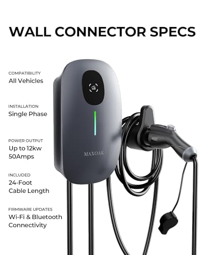 MAXOAK Cargador de vehículo eléctrico – Corriente de salida ajustable de 16 A a 50 A, nivel 2, 240 V, enchufe 14-50, certificado CSA y NEMA tipo 4, control inteligente de aplicación, compatible con Tesla y todas las marcas de vehículos eléctricos