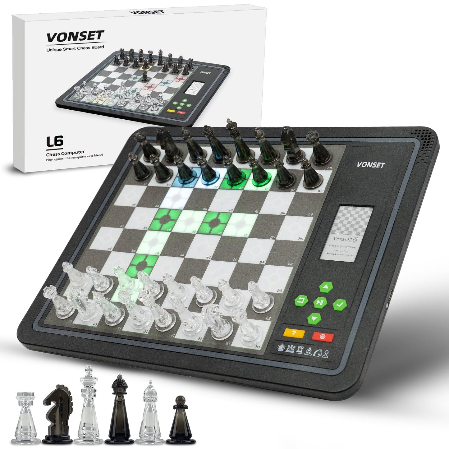 Core L6 - Juego de ajedrez electrónico para computadora, tablero de ajedrez para computadora con luz LED, computadora de ajedrez para adultos y niños con piezas de doble reina para