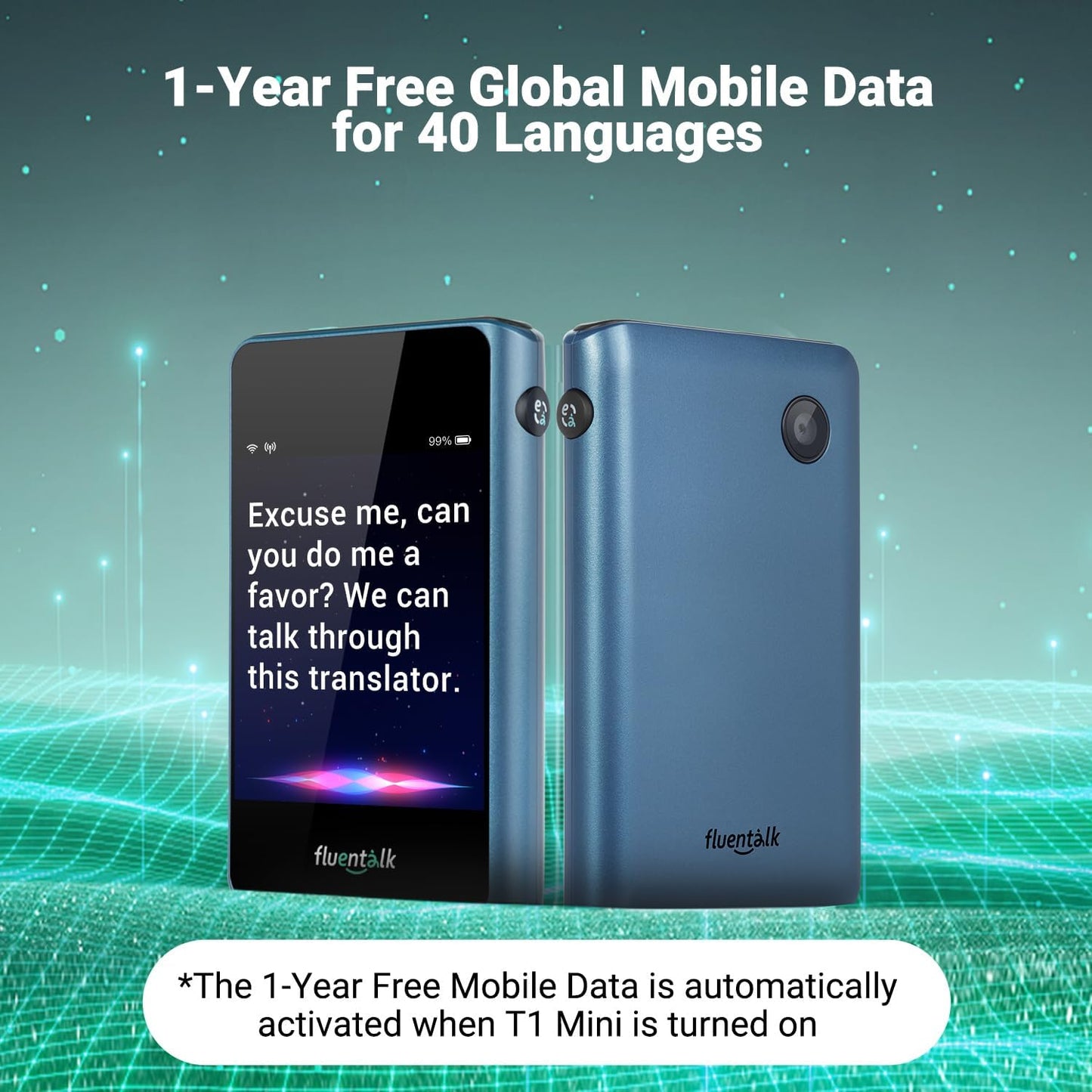 Timekettle, Fluentalk T1 Mini dispositivo de traductor no necesita WiFi, datos móviles globales integrados de 1 año, soporta 40 idiomas y traducción de fotos, traductor de idioma instantáneo para