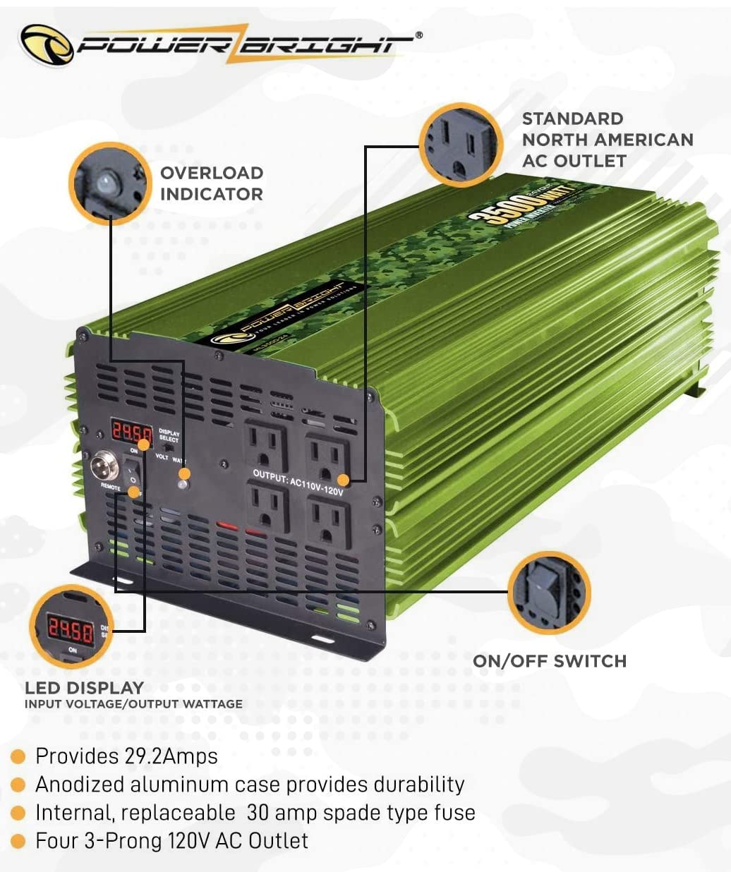 Power Bright Inversor de energía de 3500 vatios y 24 V, cuatro tomacorrientes de CA de 110 V, onda sinusoidal modificada, fuente de alimentación de respaldo automotriz perfecta para emergencias, huracanes, tormentas o interrupciones - ML3500-24
