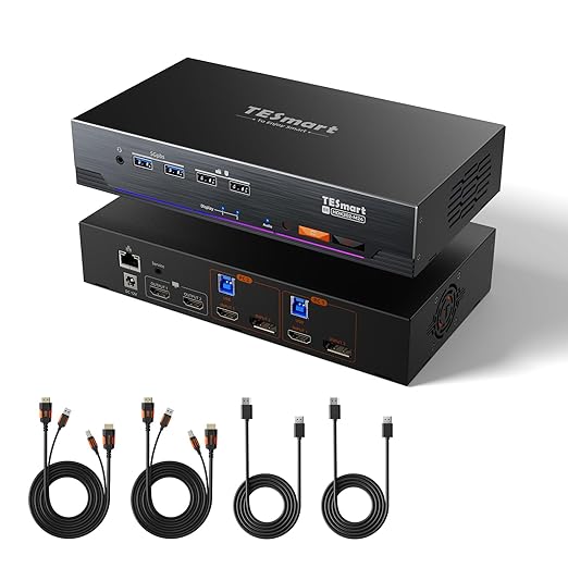 TESmart Conmutador KVM USB-C MST y EDID, 3 monitores, 2 computadoras HDMI+DisplayPort, conmutador KVM de 4K a 60 Hz, base de monitor triple para computadora portátil y escritorio, USB 3.0, carga para