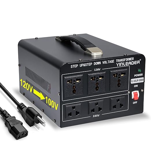 Yinleader Convertidor de voltaje de 120 V a 100 V de EE. UU. a Japón transformador reductor/hacia arriba para uso industrial japonés o de alta potencia en EE. UU. (5000 W) JP-5000