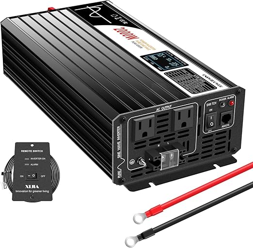 Xijia Inversor de corriente de onda sinusoidal pura de 2000 W (potencia máxima 4000 W) dc 12 V a 110 V/120 V ac 60 HZ pantalla LCD Control remoto Bluetooth, 2 salidas de CA para RV, camping, barco, al
