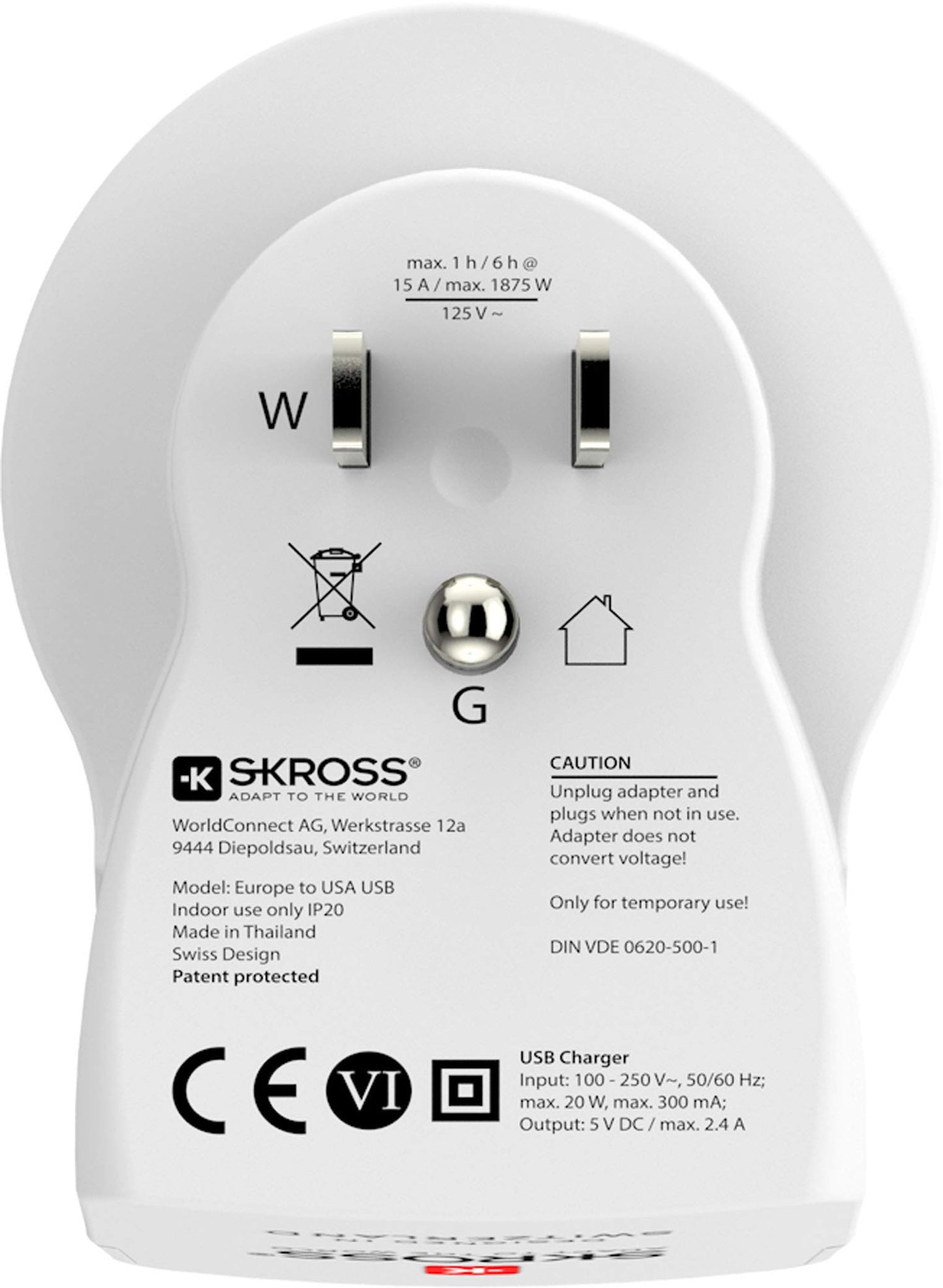 SKROSS - 1.500281 Europa a EE. UU. - Adaptador de Viaje Europa a EE. UU., 2 USB 5V/2.4A - Voltaje y alimentación 100V - 1500 W/250 V - 3750 W - Protección contra Golpes eléctricos