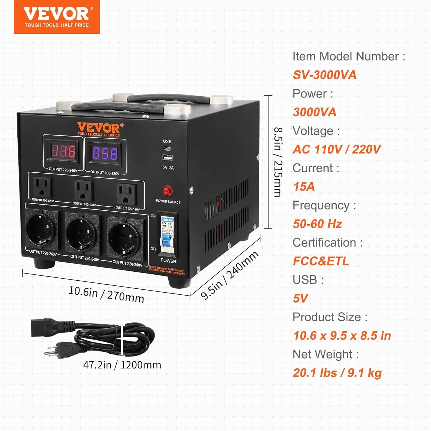 Transformador convertidor de voltaje VEVOR, 5000W, transformador elevado/descendente de alta resistencia, convierte de 110 voltios a 220 voltios y de 220 voltios a 110 voltios