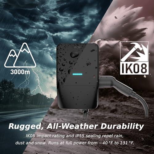 MSI EV Life Type 1 (J1772) cableado, cargador de nivel 2, 240 V, 60 A, 14.4 kW, clasificación IP55, resistente al agua y al polvo, IK08 resistente a los impactos, certificado UL2594, Energy Star, 5