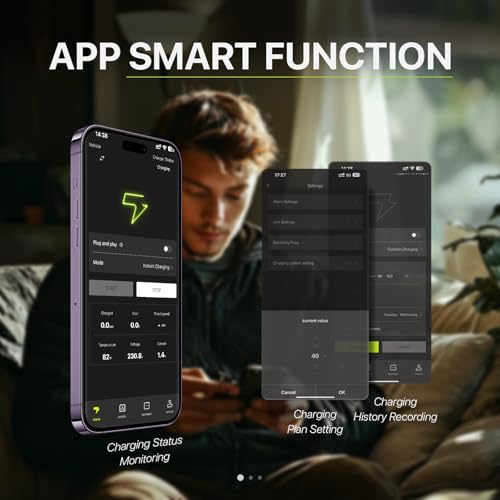 Cargador eléctrico de nivel 2 de 40 A, cargador eléctrico inteligente para el hogar, pantalla activada por movimiento, 240 V con enchufe NEMA 14-50, conector J1772, cable de 25 pies, aplicación