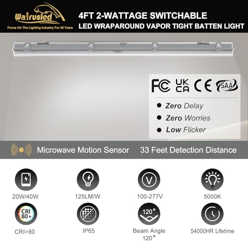 Luz hermética de vapor LED con sensor de tres niveles de 4 pies, IP65 IK08, 20 W (2500 lm)/40 W (5000 lm) seleccionable, 5000 K, 100-277 V, regulable, luz impermeable al aire libre, accesorio de