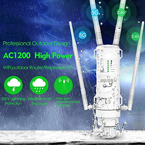 AC1200 Extensor de malla WiFi de largo alcance para exteriores con puerto Ethernet y 4 antenas, MyMAX WN572HP3 de doble banda 1200Mbps punto de acceso exterior resistente a la intemperie, repetidor