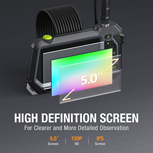 Teslong NTS500 - Endoscopio de doble lente con monitor de 5 pulgadas, cámara de inspección de boroscopio industrial impermeable con lente doble de 0.21 pulgadas frontal y lateral con sonda de 9.8 pies, pantalla LCD IPS de 5 pulgadas y estuche