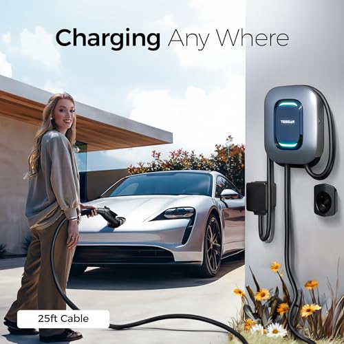 TESSAN Cargador para Vehículo Eléctrico, 48A/240V Cargador EV Inteligente Nivel 2 con Conexión Bluetooth/WiFi, Estación de Carga Rápida con Cable de 25 pies (7.5 m) CH-EV201W-GR-A002