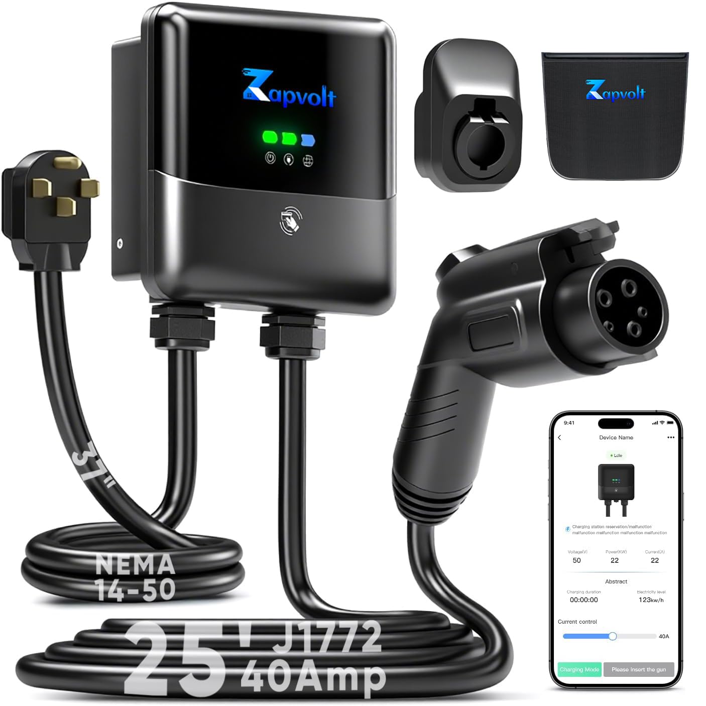 Cargador EV de nivel 2 40Amp 240V 9.6kW - Estación de carga inteligente de pared de 25 pies para el hogar, J1772 NEMA 14-50, con cubierta de puerto de cargador EV impermeable, tarjeta RFID