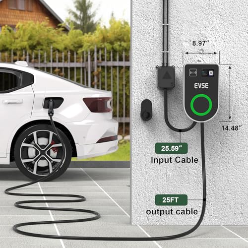 RUTU Cargador Ev de nivel 2 J1772, cargador Ev de nivel 2 de 48 amperios, cableado de hasta 11.5 Kw, cargadores eléctricos inteligentes para automóvil con cable flexible de 25 pies, estaciones de