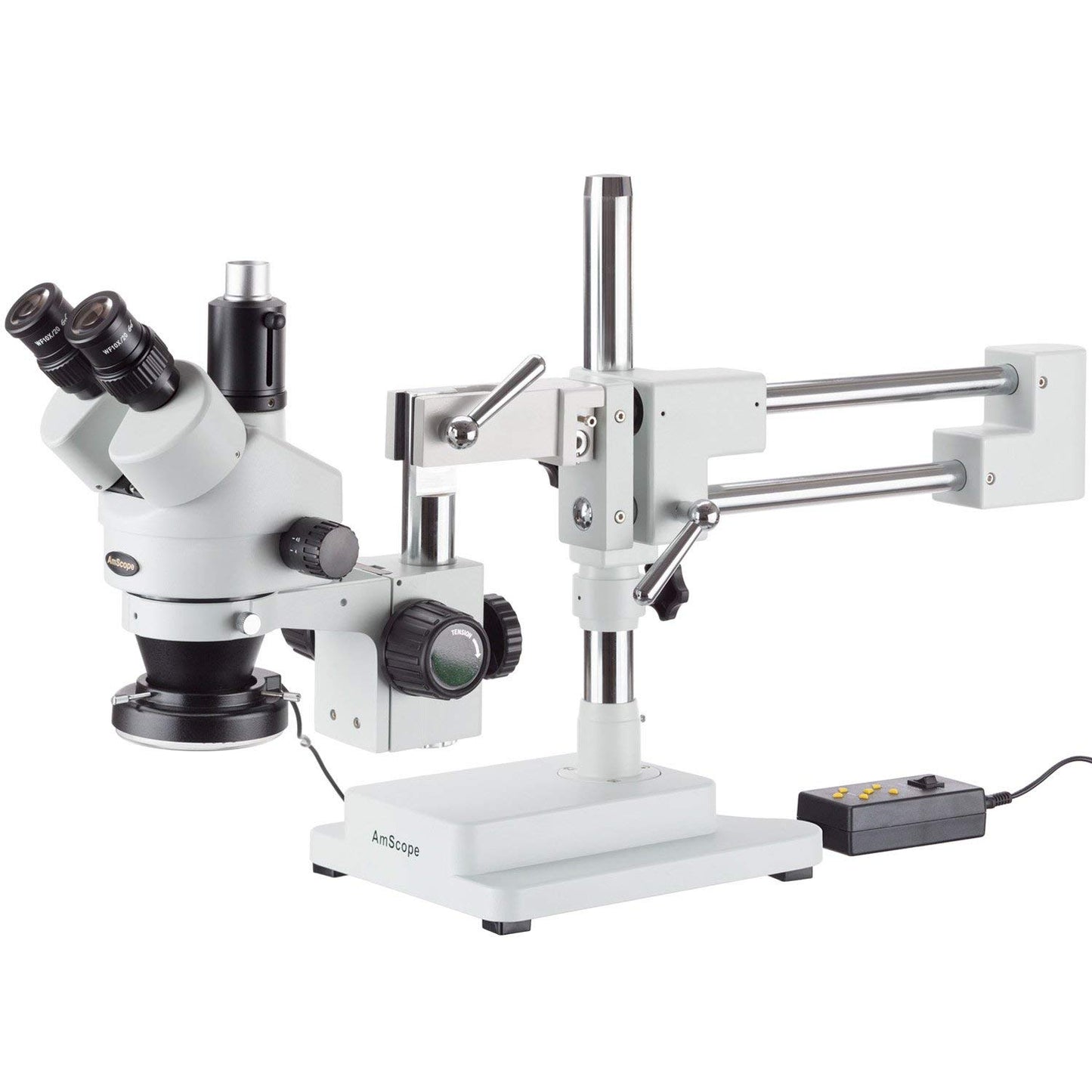AmScope Microscopio profesional trinocular con zoom estéreo SM-4TZ-144A, WH10x, aumento de 3,5X-90X, objetivo con zoom 0,7X-4,5X, anillo de luz LED de 4 zonas, soporte de tipo jirafa con 2 brazos, 110V-240V, incluye lentes Barlow de 0,5X y 2.0X.