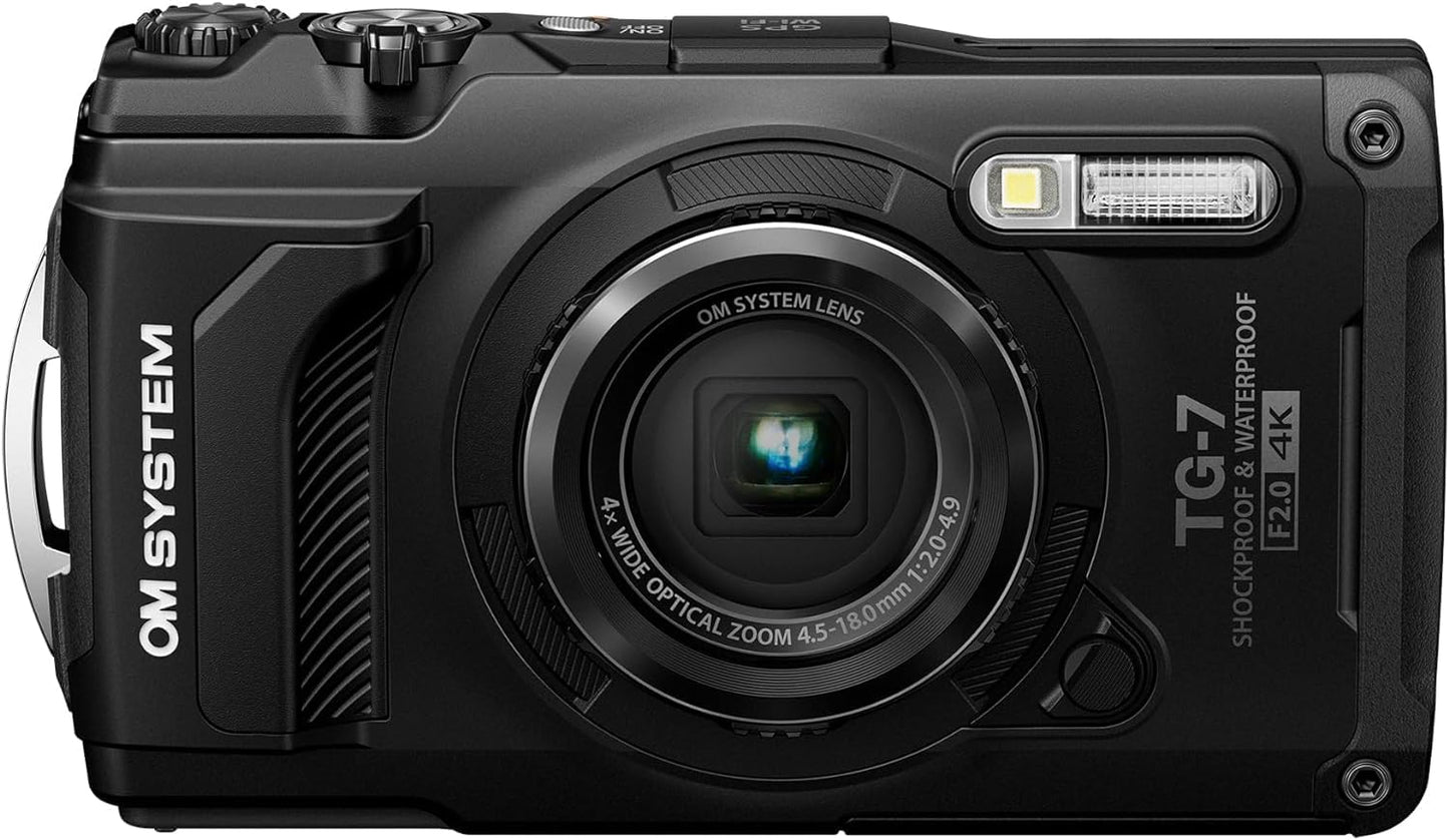 OM SYSTEM Tough TG-7 - Cámara subacuática negra, impermeable, a prueba de congelación, brillo de alta resolución, video 4K 44x Macro Shooting (Successor Olympus TG-6)