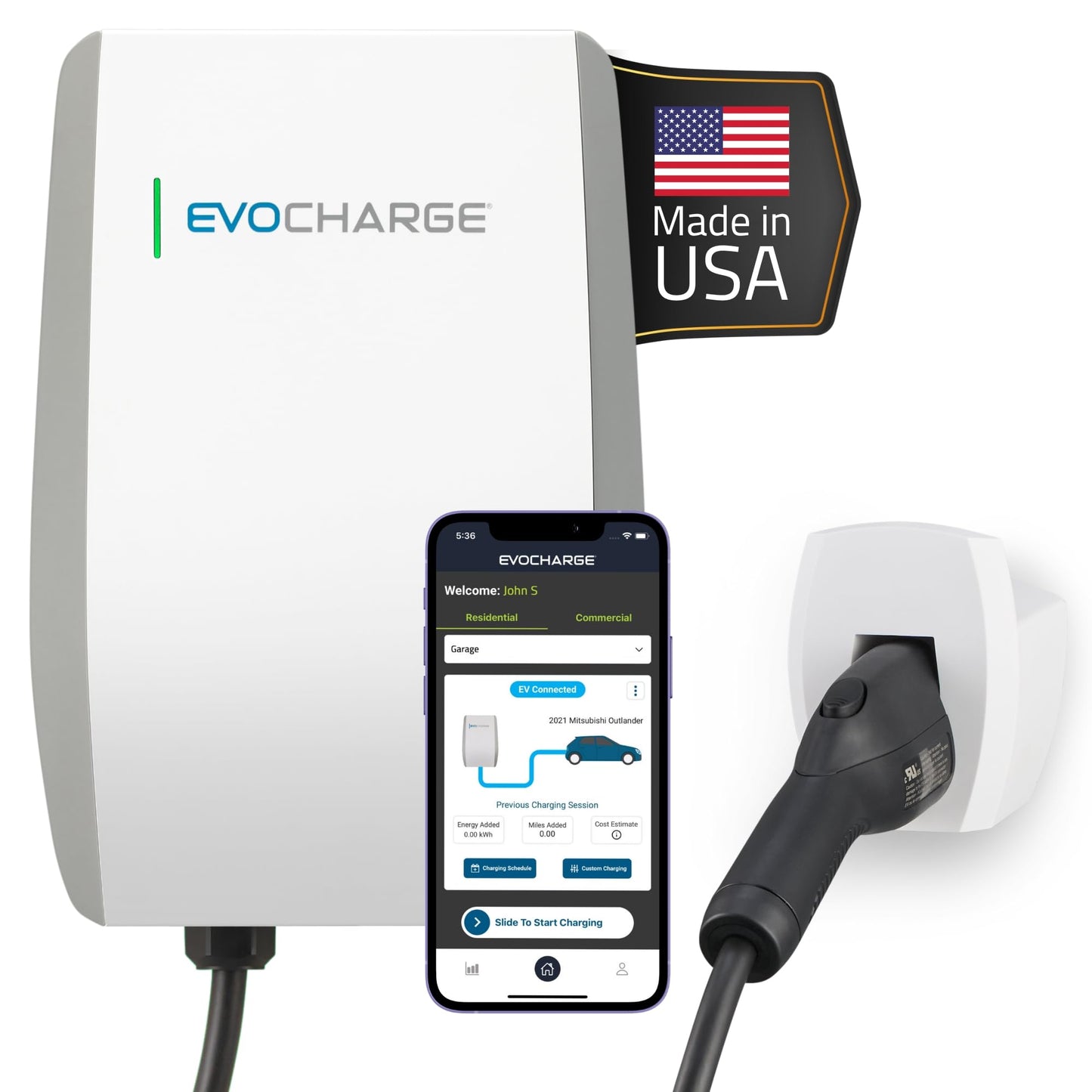 Cargador para vehículos eléctricos de nivel 2 de hasta 50 amperios, WiFi inteligente y Bluetooth habilitado, cable de 25 pies, cableado de 240 V, certificación UL, EVC50012001