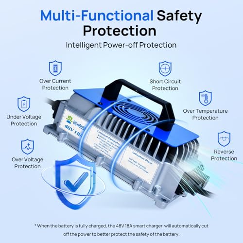 DC HOUSE Cargador de batería de litio de 48 V 18 A, cargador rápido de 900 W, eficiencia de carga ≥ 93%, IP65 resistente al agua anticaídas con ventilador de enfriamiento, adecuado para carrito de
