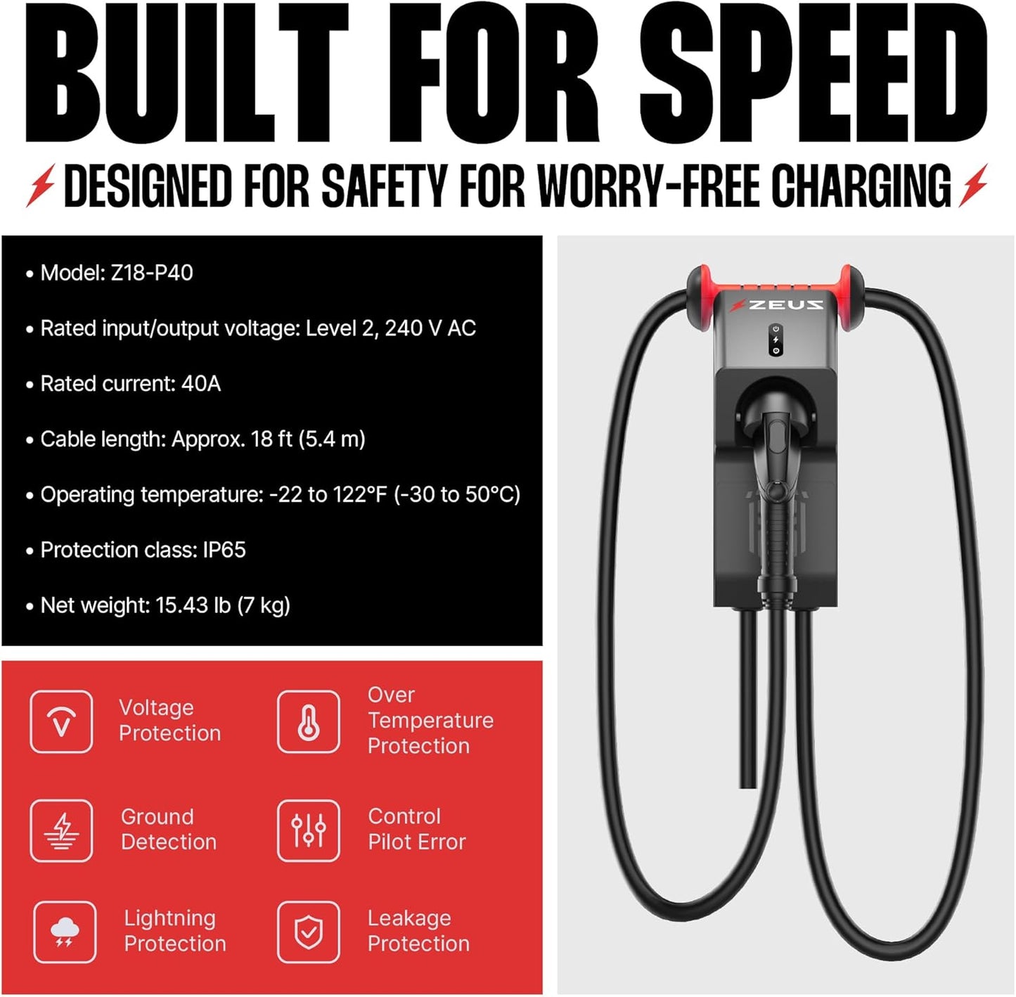 Zeus - Cargador EV de nivel 2 – Equipo de carga de vehículos eléctricos compatible con todos los modelos de vehículos eléctricos – Cargador rápido J1772 EVSE nivel 2 de 40 amperios – NEMA 14-50 240V