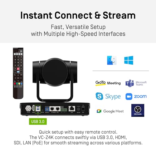 IPEVO Cámara VC-Z4K UHD 4K PTZ: CMOS HD de 1/2.8", Zoom óptico 12X, Seguimiento automático de AI, HDMI/USB-C, LAN, PoE. Ideal para educación, videoconferencias, Iglesia, transmisión en Vivo en