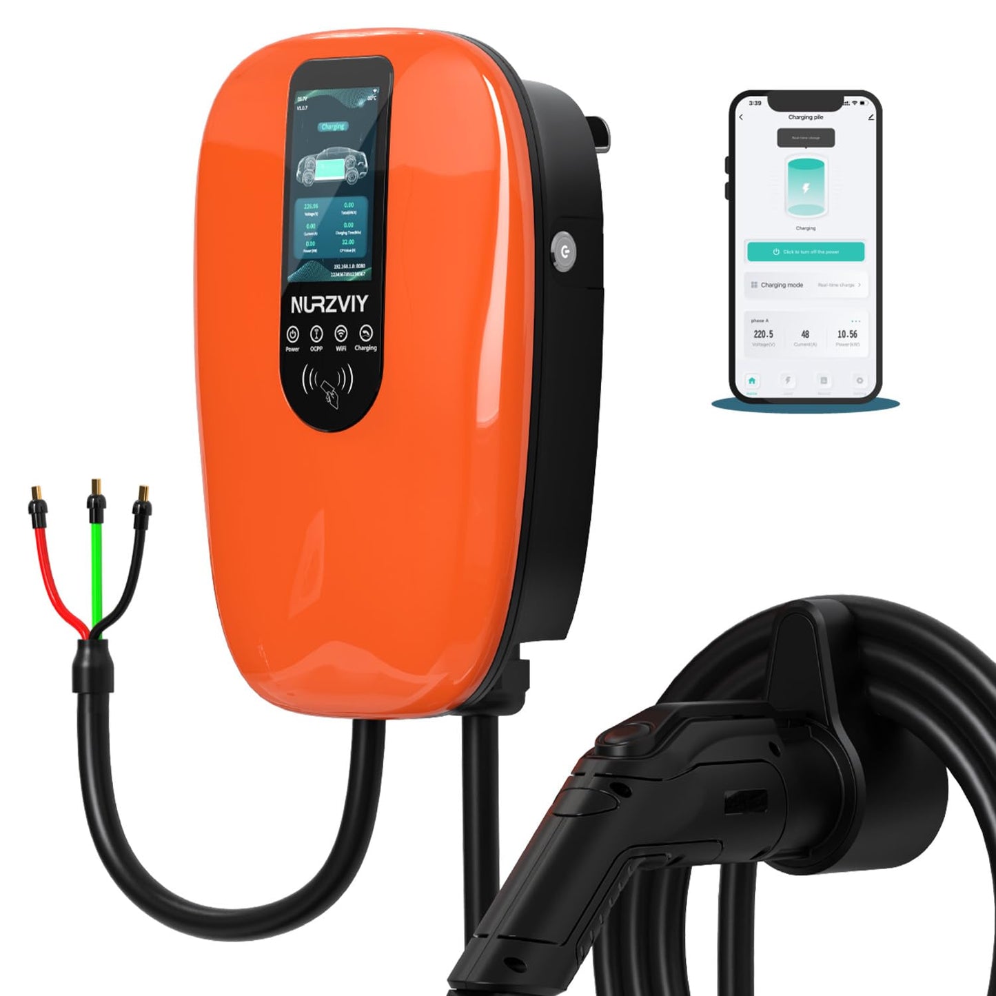 Cargador EV de nivel 2 para el hogar, estación de carga de vehículos eléctricos de 48 amperios 240 V con control de aplicación, EVSE interior/exterior con WiFi/Bluetooth, cableado AC48A-O01-Hardwired