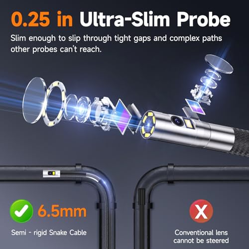 FOXWELL Elite - Boroscopio articulado de 2 vías de doble lente de 220°, sonda ultrafina de 0.25 pulgadas, pantalla IPS HD, impermeable IP67, cámara flexible para inspecciones automotrices, HVAC, fontanería e industriales de 5.3 pies