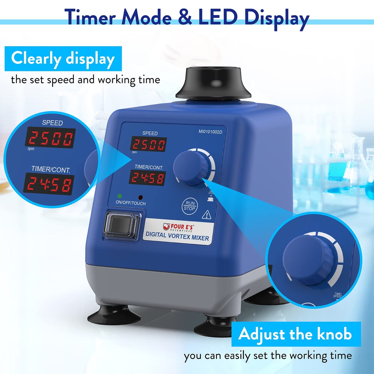 Four E's Scientific Mezclador de vórtice digital LED, velocidad 0-3000 rpm, diámetro orbital 0.236 in, 50/60Hz, táctil, temporizador y modos continuos, mezcla contenedores de 1.7 fl oz en 3 segundos - Sobremesa para laboratorio MI0101002D