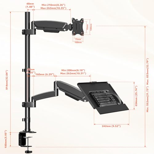 Soporte de escritorio para monitor de pie sentado para pantallas de 17 a 32 pulgadas, brazo articulado de movimiento completo ajustable en altura con bandeja para teclado, monitor de 19.8