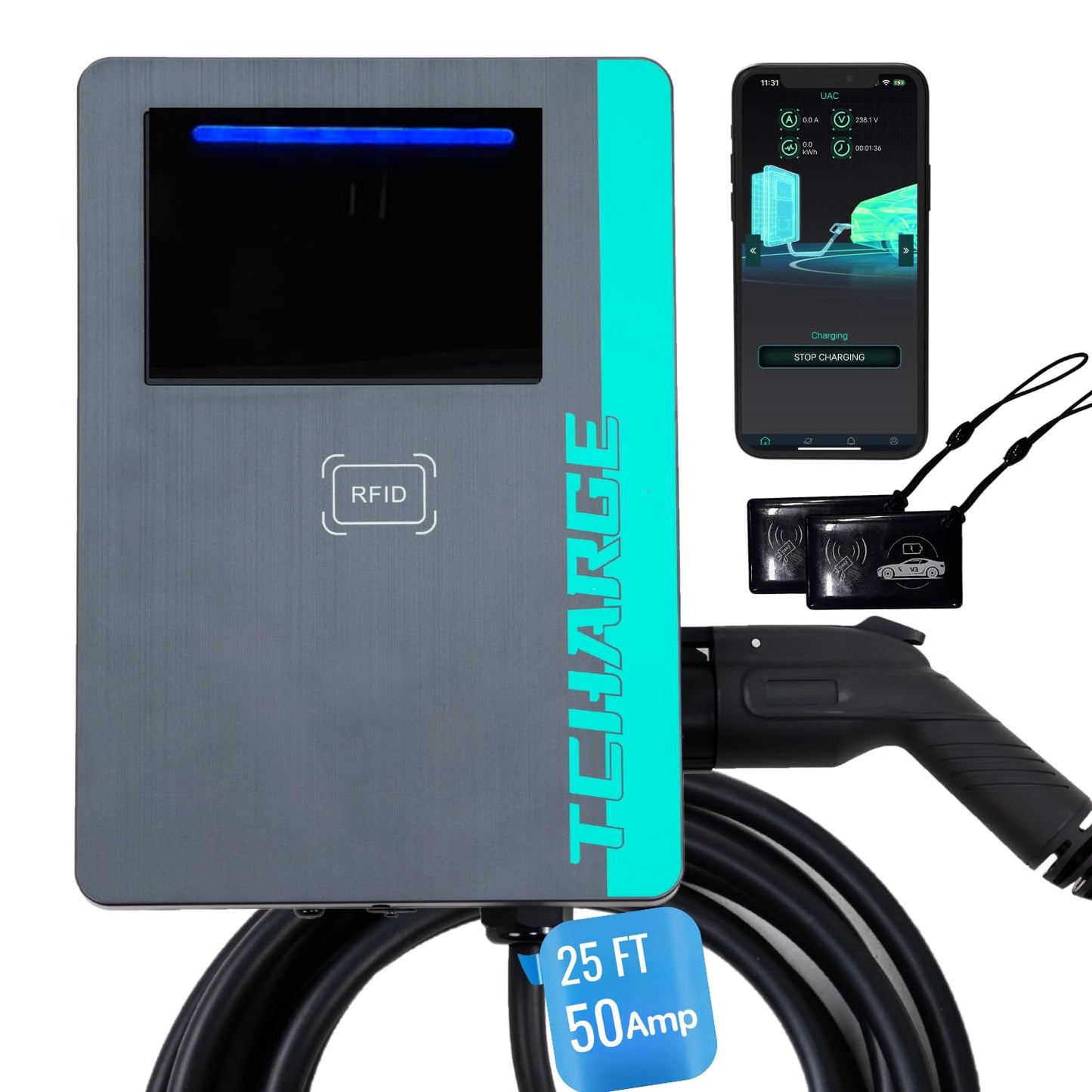 Cargador de vehículo eléctrico de nivel 2 de 50 amperios para el hogar, con certificación UL y FCC y Energy Star certificado J1772 EV, control RFID y APP 240V 208V Estación de carga de