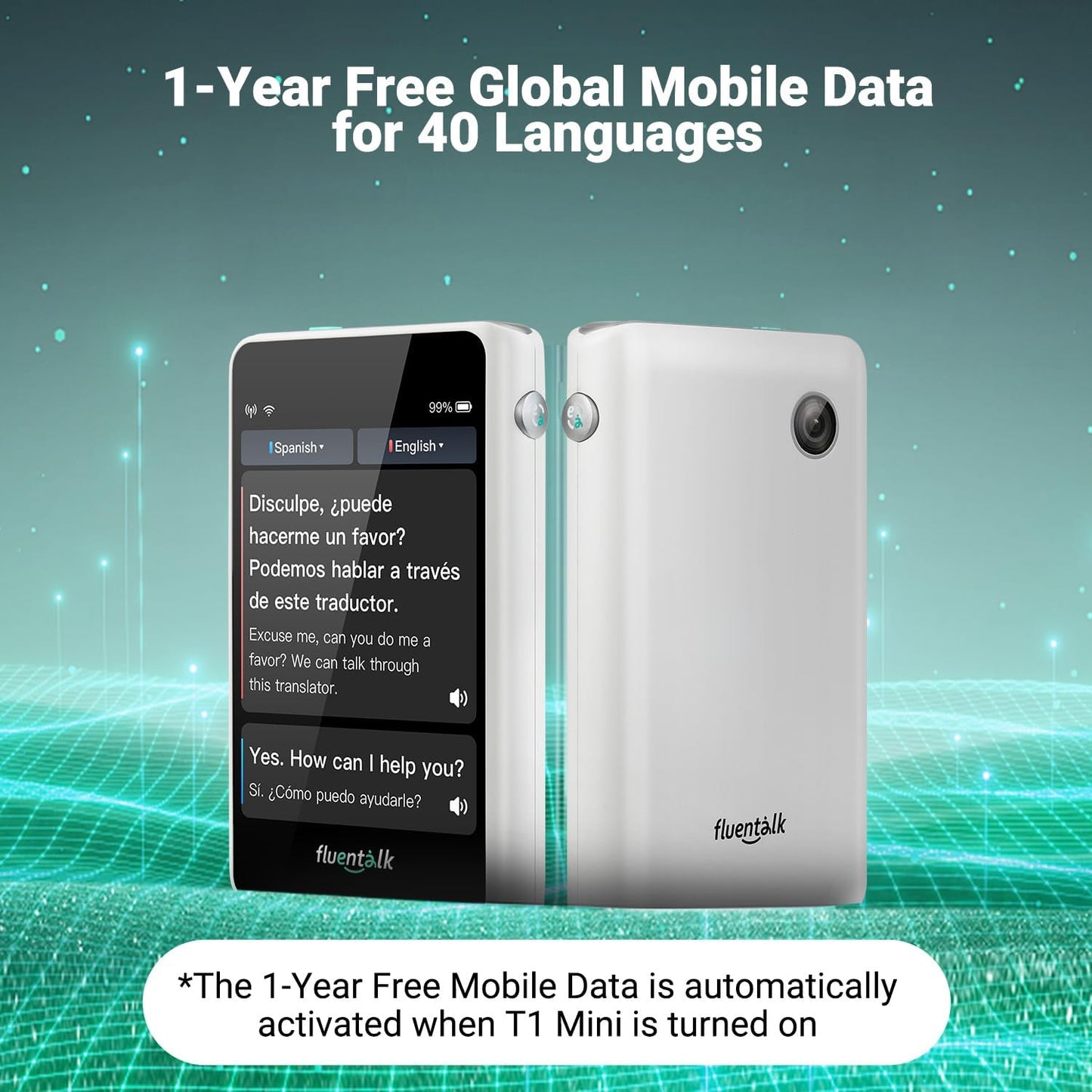 Timekettle, Fluentalk T1 Mini dispositivo de traductor no necesita WiFi, datos móviles globales integrados de 1 año, soporta 40 idiomas y traducción de fotos, traductor de idioma instantáneo para