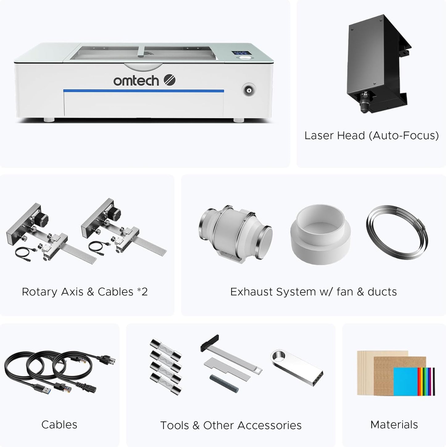OMTech Polar+ 55W CO2 Grabador láser cortador con LightBurn, área de trabajo de 20 "x12", cámara de 5MP, ejes rotativos duales, velocidad de 19.685 in/s, con bomba de agua, máquina de corte por láser