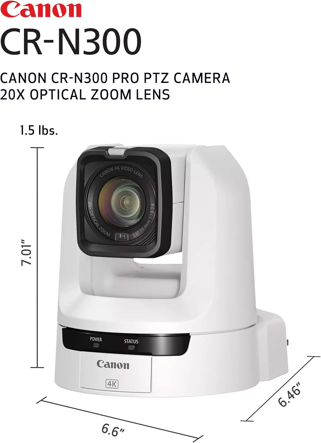 Canon CR-N300 Pro PTZ Cámara BK 20x Lente de zoom óptico, 1 2/3 "4k 30P Sensor AF híbrido, 3G-SDI, HDMI, IP, salida de video USB, NDI | HX2, SRT-Church, Eventos en vivo, Conferencia de transmisión,