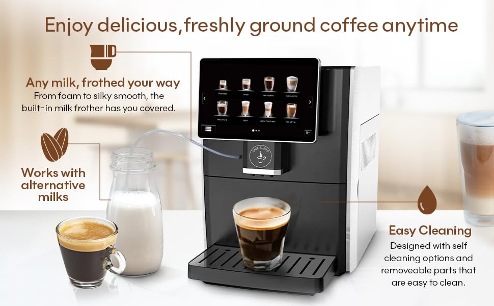 Cafe Bueno Máquina de café espresso súper automática - 19 recetas de café, duradera, amoladora, espumador de leche, visualización táctil de 7 pulgadas