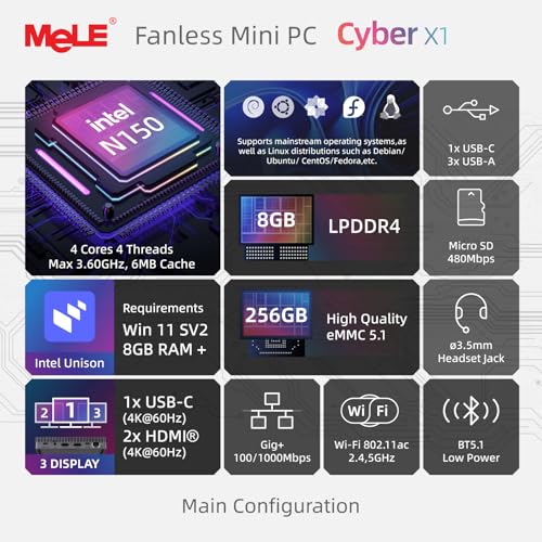 MeLE Mini PC Cyber X1 - N150, PC sin ventilador, 8GB RAM, 256GB de almacenamiento, Wi-Fi 2.4/5G, USB-C completamente funcional, escritorio de pantalla triple 4K para hogar, oficina, educación