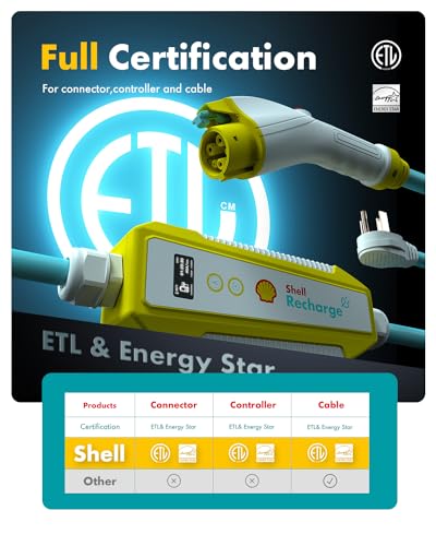Shell Cargador EV nivel 2 y 1, 40A 110-240V certificado ETL, estación de carga portátil para el hogar y al aire libre, corriente ajustable con adaptador de cable de 24 pies y adaptador Nema 5-15P a