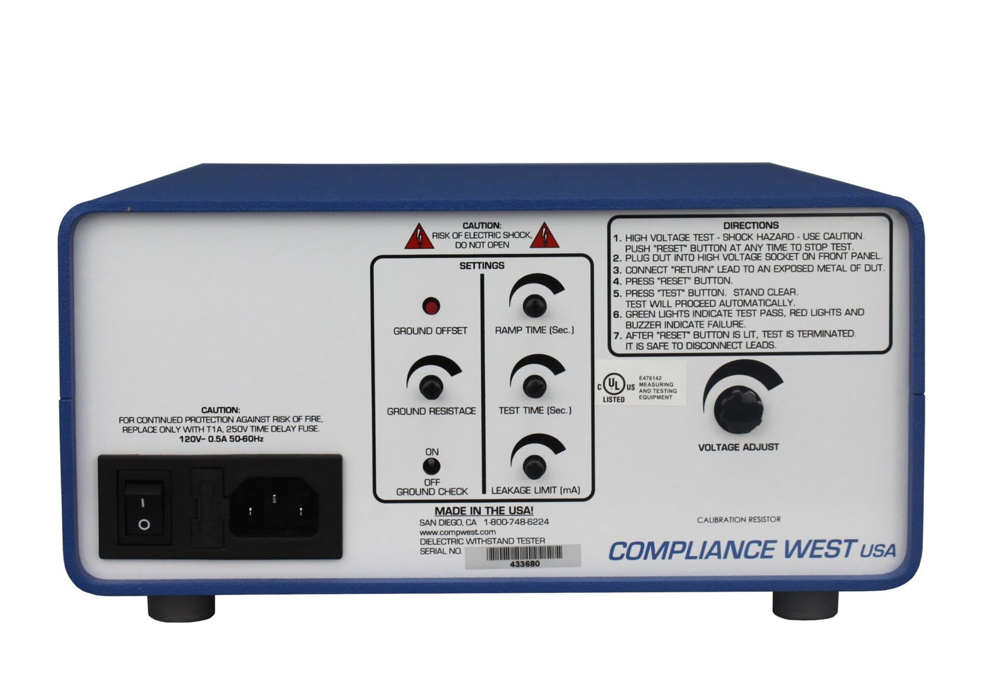 HT-3000S Hipot Tester 2000Vac @ 20mA 2800Vdc @ 5mA Adjustable Ground Continuity UL Listed