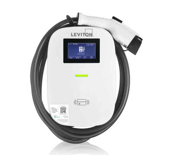 Leviton Estación de carga de vehículos eléctricos EV Series Pro de nivel 2 de 48 A, 208/240 V CA, salida de 11,6 kW, conector de carga J1772, cable de 18' incluye software de gestión de estaciones de carga AmpUp y pantalla LCD