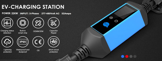 PRIMECOM 277/480 voltios trifásico AC 22kW cargador portátil EV con SAE J3068 (480V 32 amperios) (enchufe de 4 pines) 277-480V-3-Phase-AC-22kW