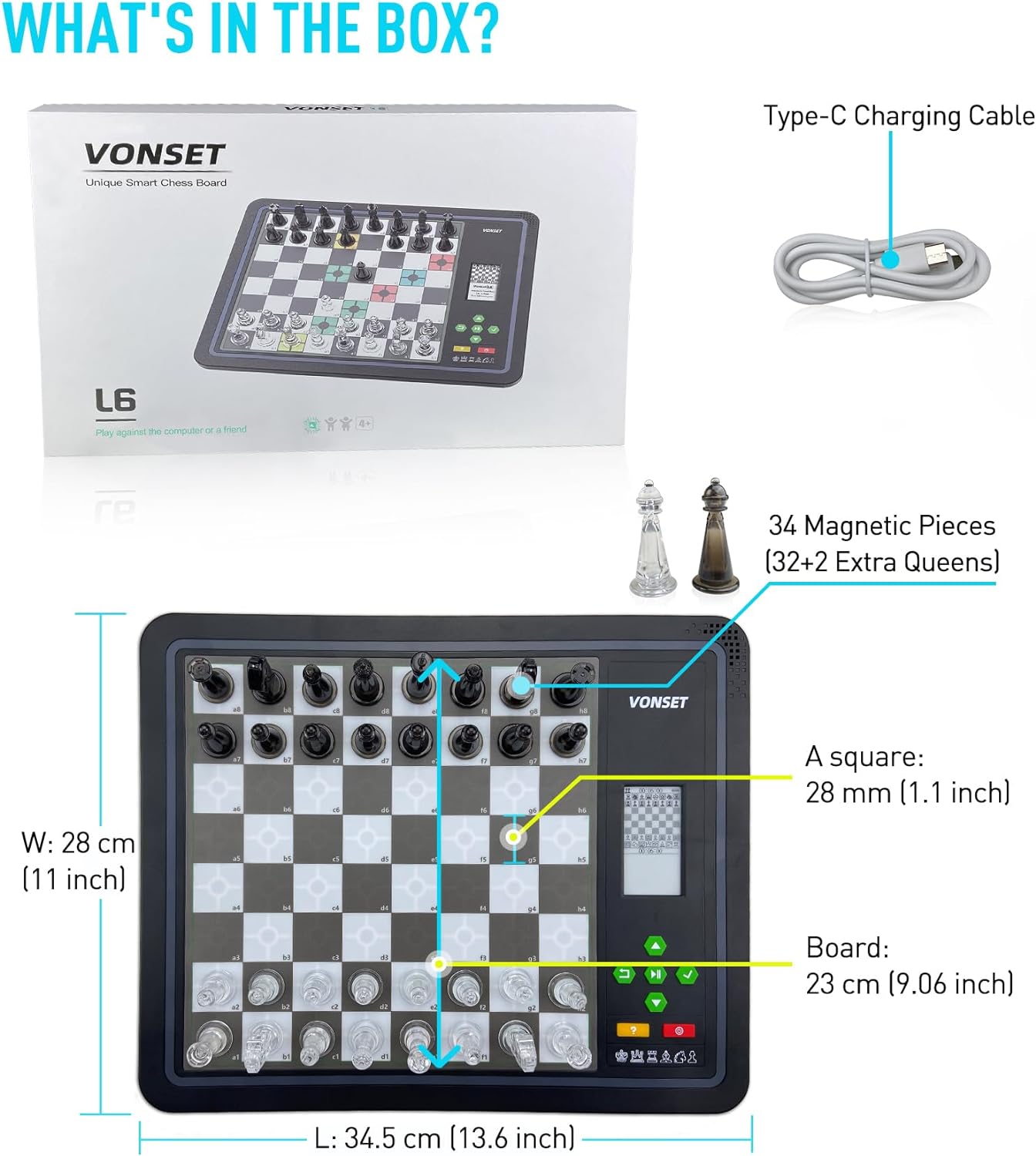 Core L6 - Juego de ajedrez electrónico para computadora, tablero de ajedrez para computadora con luz LED, computadora de ajedrez para adultos y niños con piezas de doble reina para