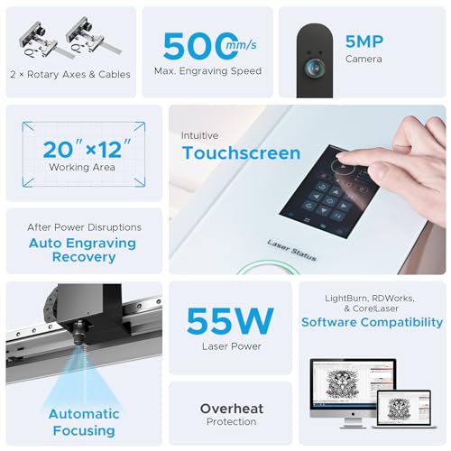 OMTech Polar+ 55W CO2 Grabador láser cortador con LightBurn, área de trabajo de 20 "x12", cámara de 5MP, ejes rotativos duales, velocidad de 19.685 in/s, con bomba de agua, máquina de corte por láser