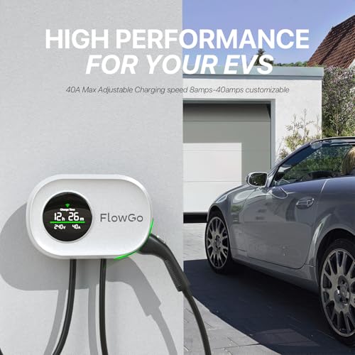 Cargador eléctrico de nivel 2 de 40 A, cargador eléctrico inteligente para el hogar, pantalla activada por movimiento, 240 V con enchufe NEMA 14-50, conector J1772, cable de 25 pies, aplicación