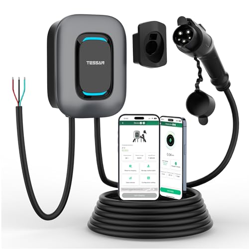 TESSAN Cargador para Vehículo Eléctrico, 48A/240V Cargador EV Inteligente Nivel 2 con Conexión Bluetooth/WiFi, Estación de Carga Rápida con Cable de 25 pies (7.5 m) CH-EV201W-GR-A002