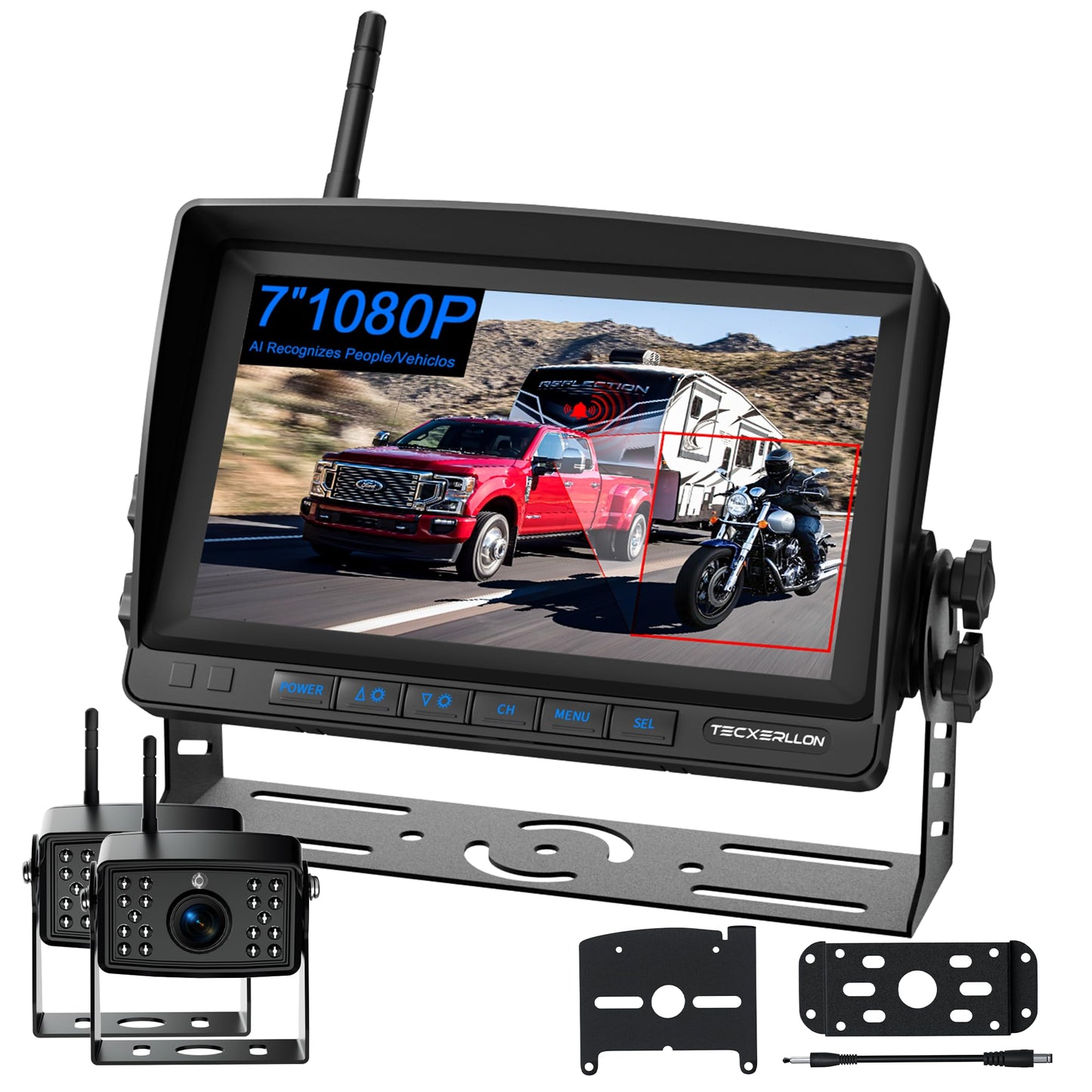 Cámara de respaldo para RV, 7 pulgadas, cámaras de respaldo de vehículo 1080P con detección de IA, cámara de respaldo inalámbrica impermeable con grabación DVR y visión nocturna para