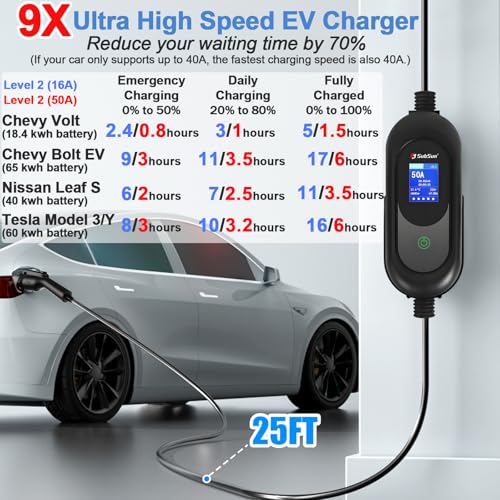 SubSun Cargador universal portátil de nivel 2 para vehículos eléctricos de 50 amperios, 240 V, para todos los vehículos eléctricos de América del Norte, incluye J1772 y Tesla, cable de carga EV de 25 BK50171T25F