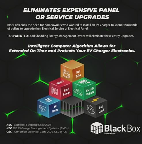 Cargador EV BLACKBOX 240V 125A a 200A Service– No requiere actualización del panel eléctrico o actualización de servicio. Permite 240 voltios hasta 48 amperios (60A) EV velocidad de carga rápida EV EVEMS240-200